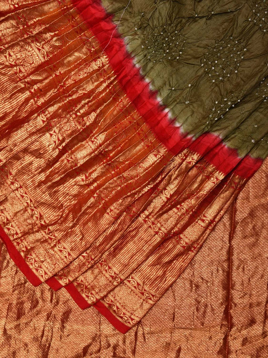 Olive Green and Red Bandhani Kanchipuram Silk Handloom Saree with Floral Design bn0499