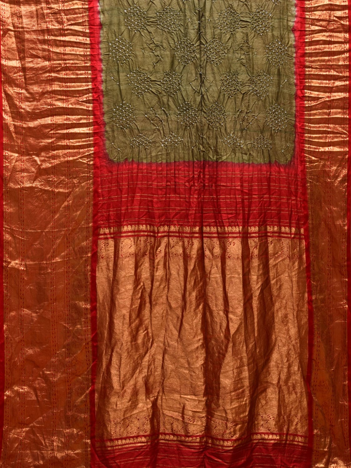 Olive Green and Red Bandhani Kanchipuram Silk Handloom Saree with Floral Design bn0499