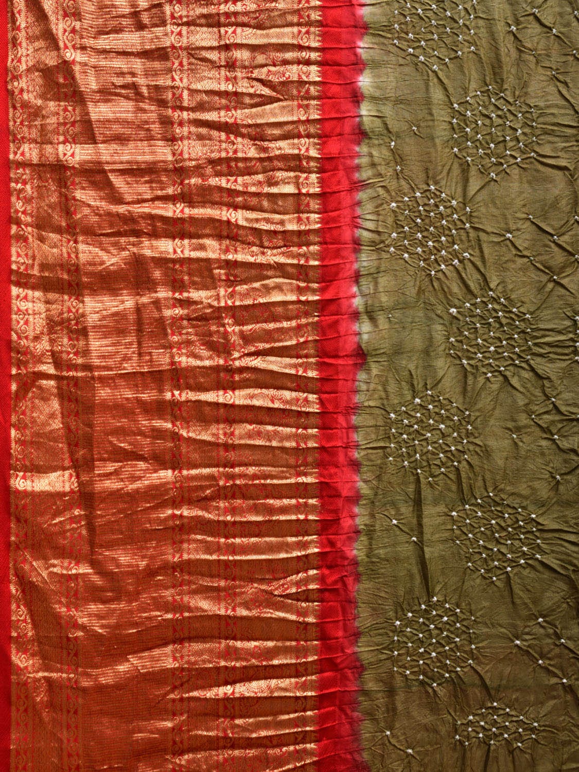 Olive Green and Red Bandhani Kanchipuram Silk Handloom Saree with Floral Design bn0499