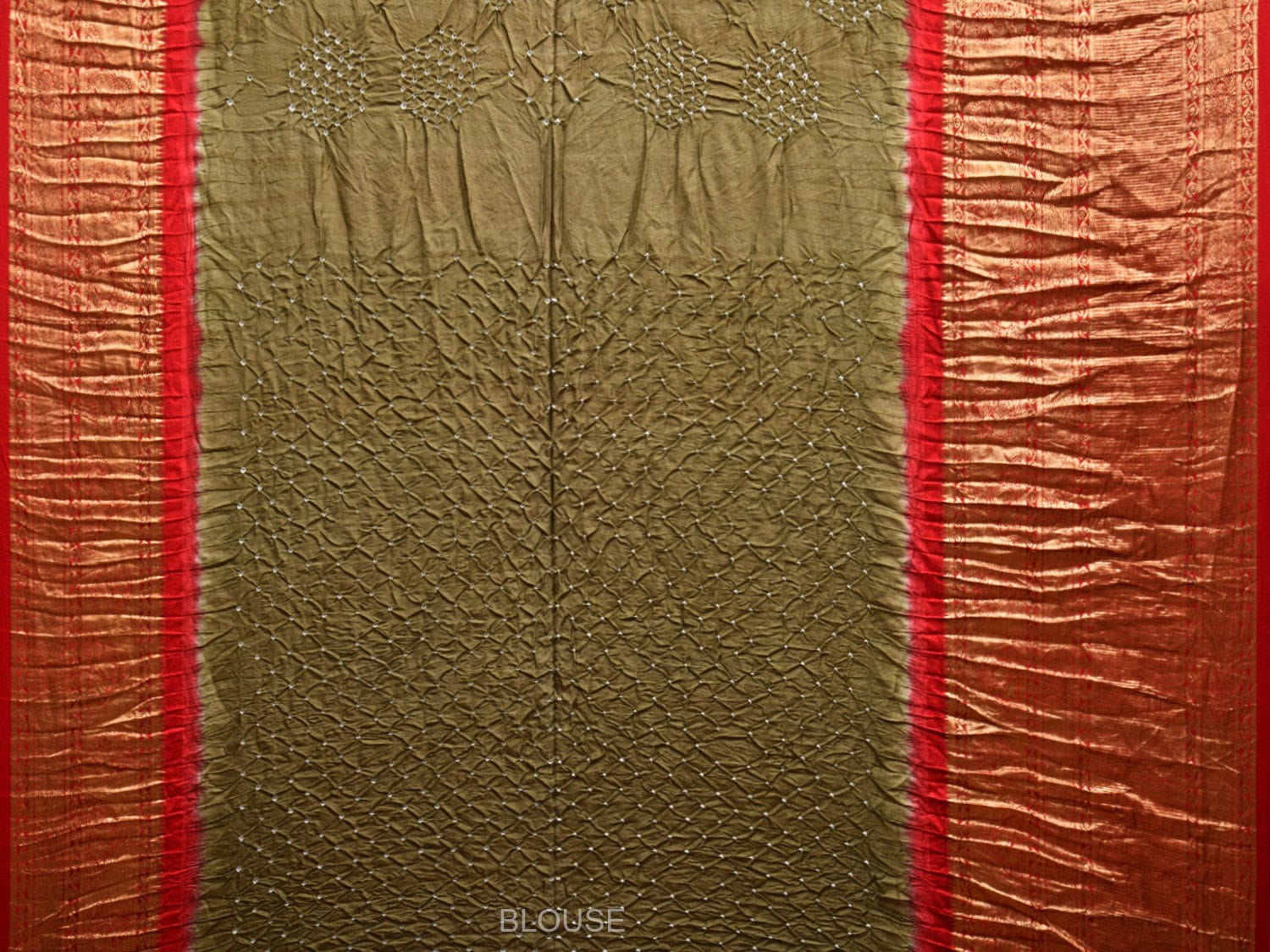 Olive Green and Red Bandhani Kanchipuram Silk Handloom Saree with Floral Design bn0499