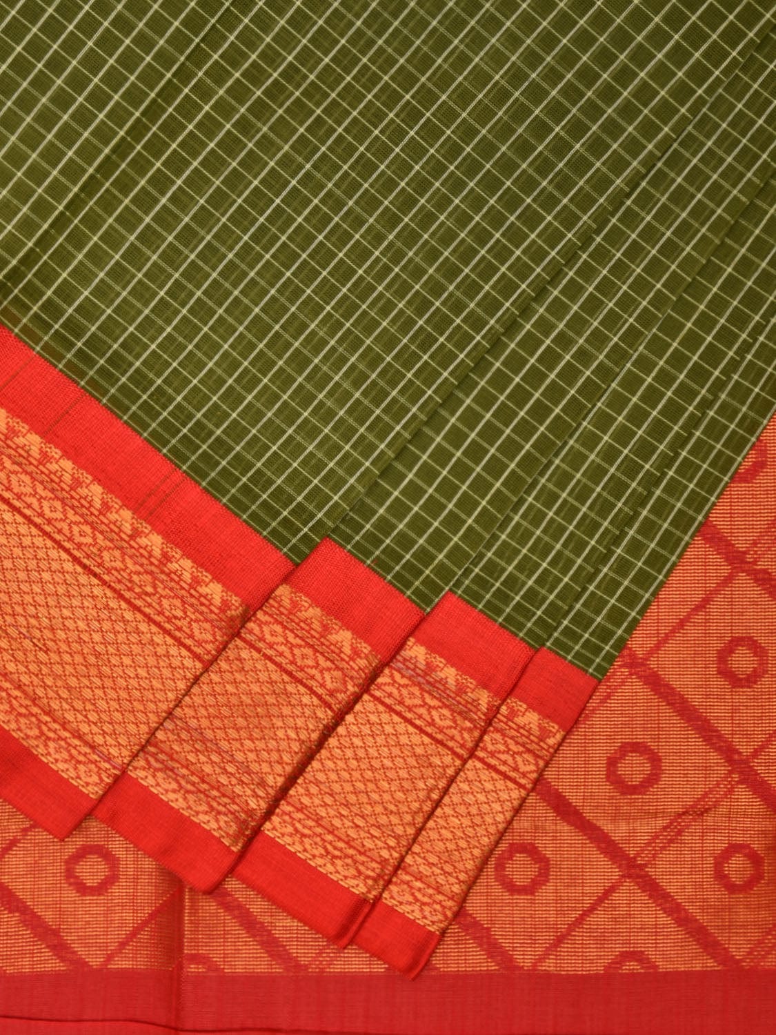Olive Green and Red Gadwal Cotton Checks Saree with Pallu and Border Design No Blouse g0417