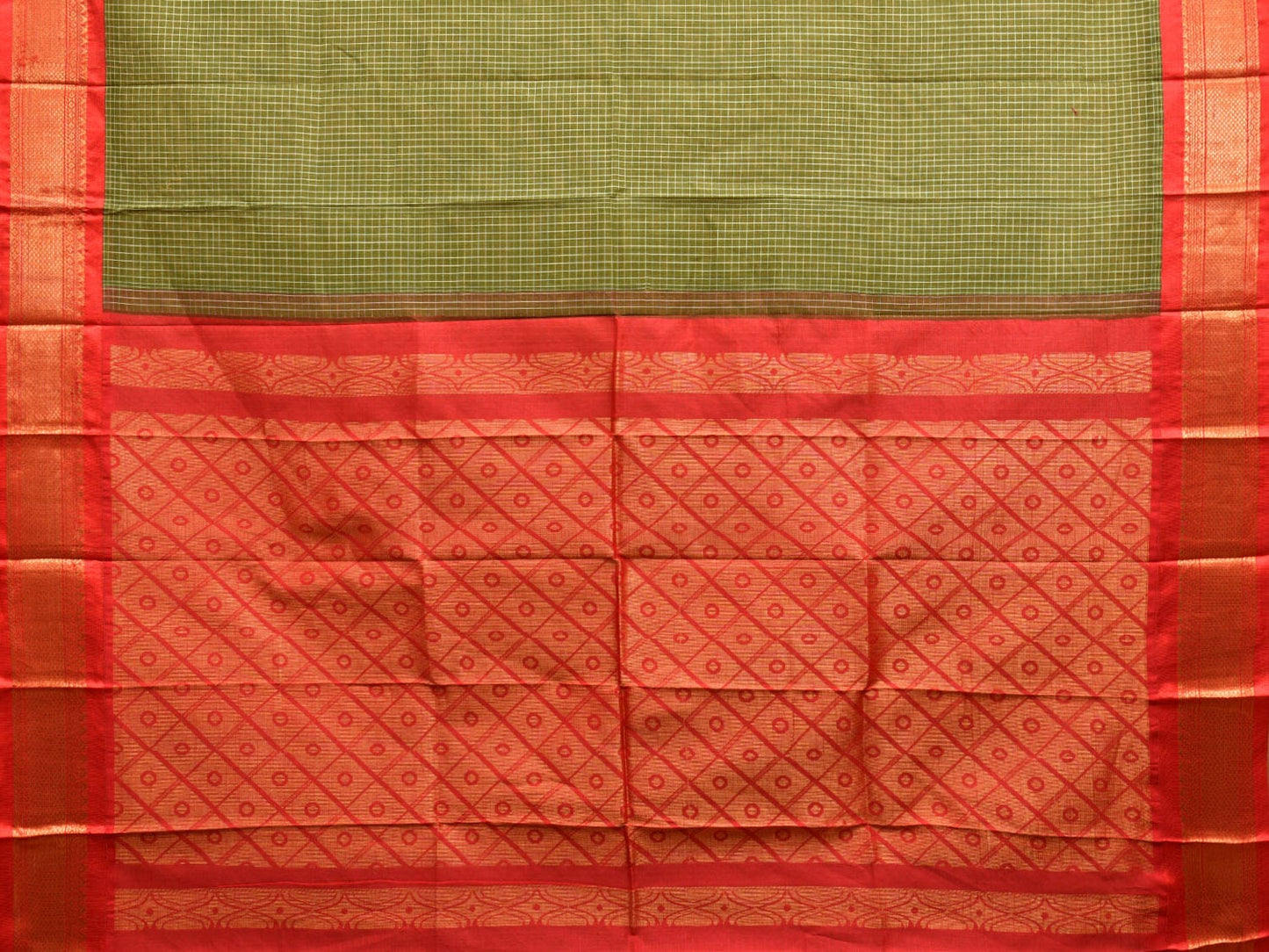 Olive Green and Red Gadwal Cotton Checks Saree with Pallu and Border Design No Blouse g0417