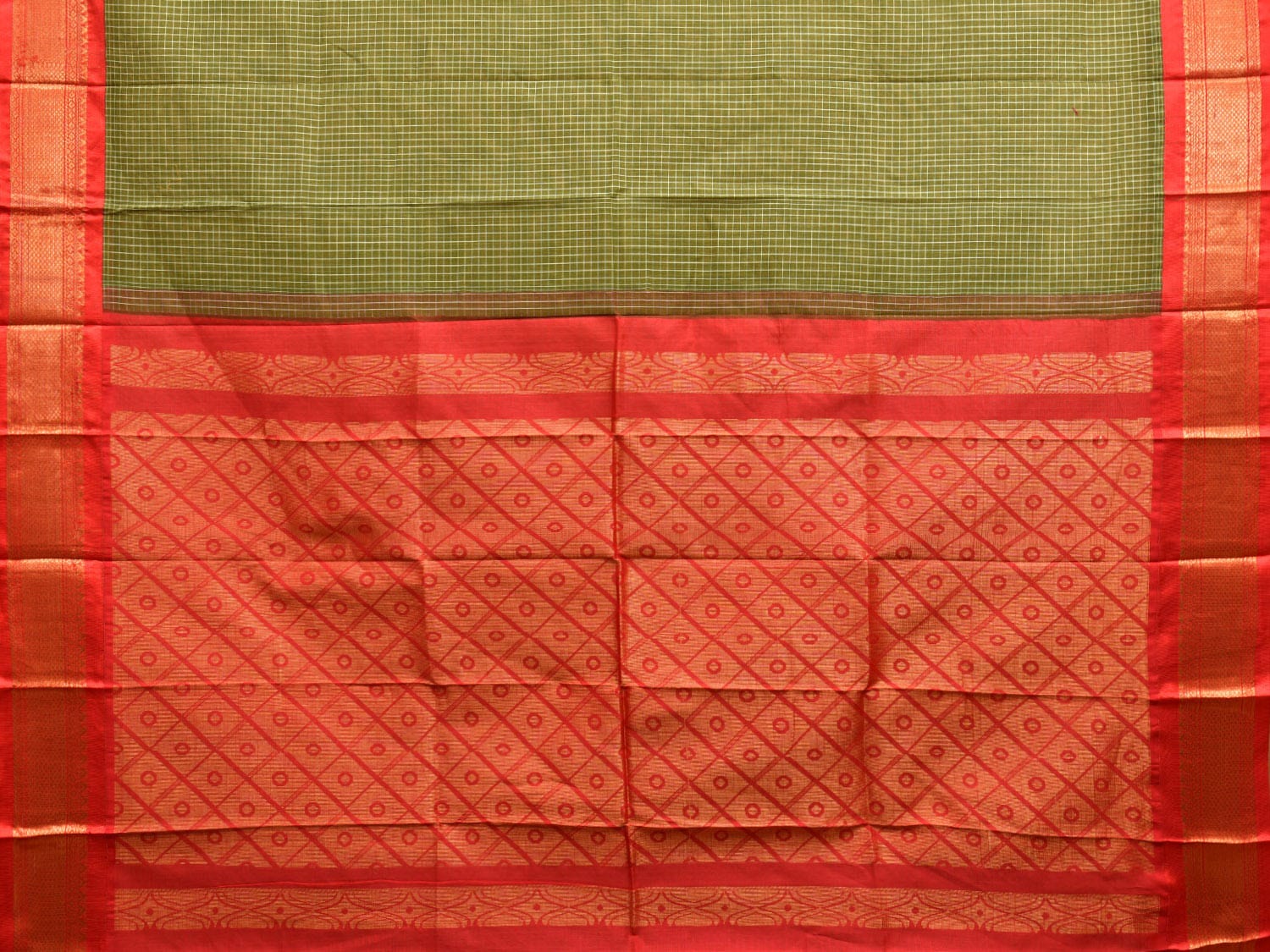 Olive Green and Red Gadwal Cotton Checks Saree with Pallu and Border Design No Blouse g0417