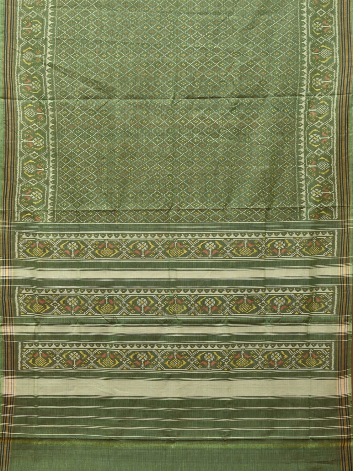 Olive Ikat Cotton Handloom Saree with All Over Grill and Border Design i0785