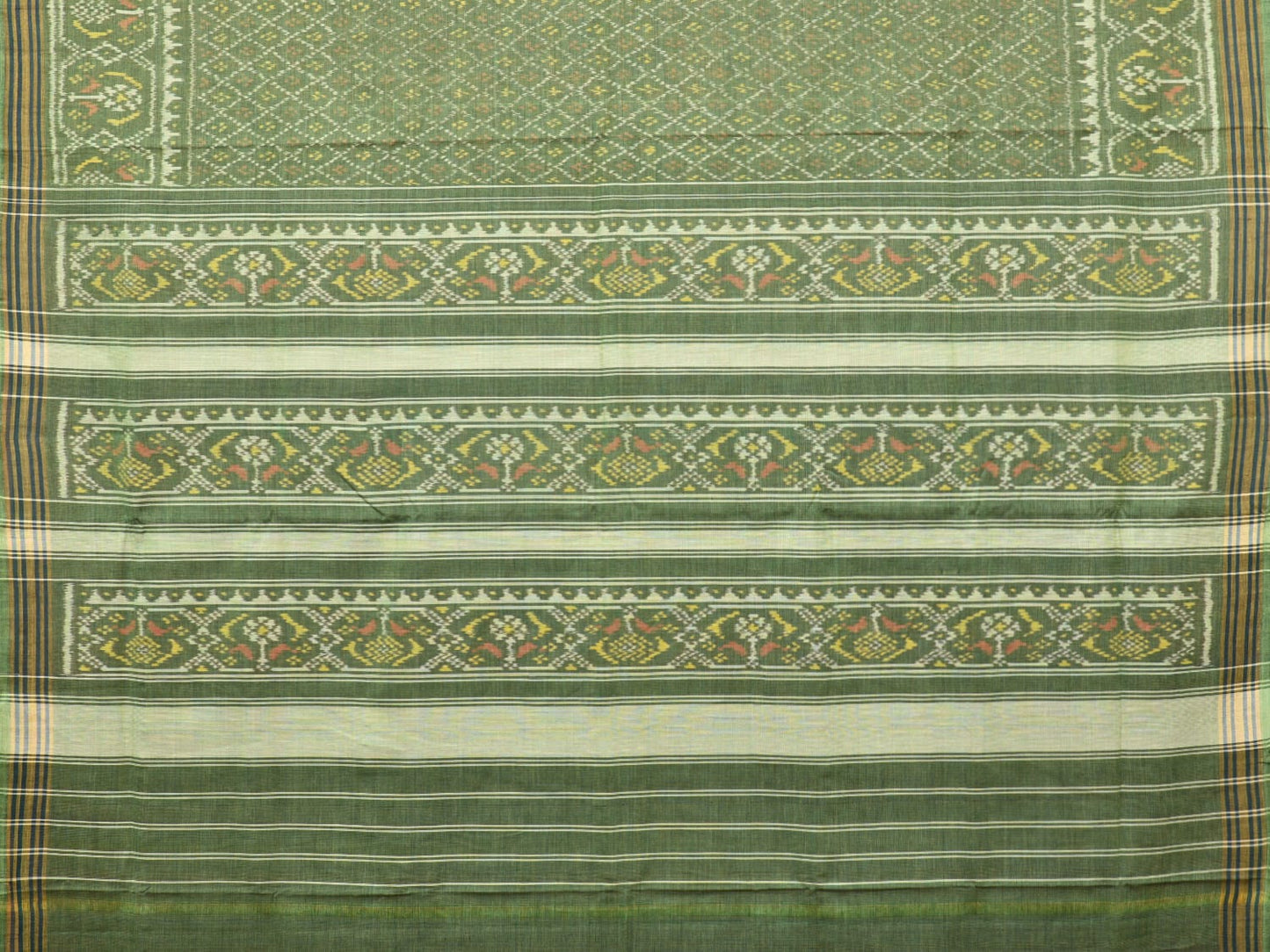 Olive Ikat Cotton Handloom Saree with All Over Grill and Border Design i0785
