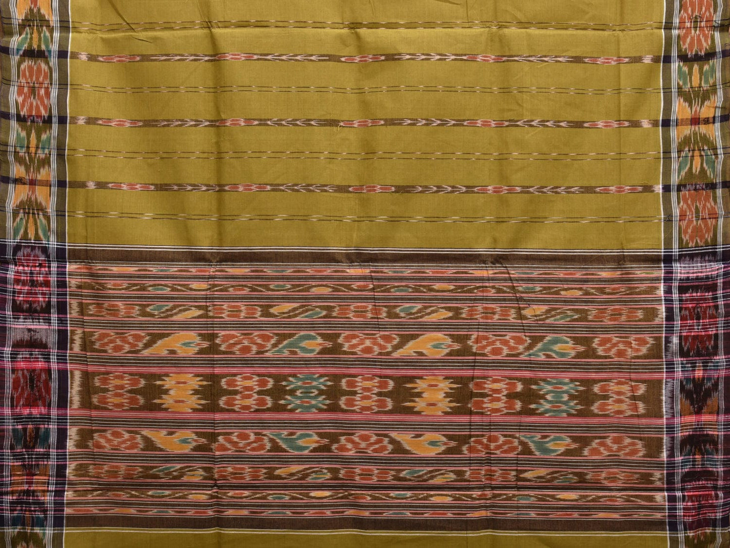 Olive Ikat Cotton Handloom Saree with Strips and Border Design i0863