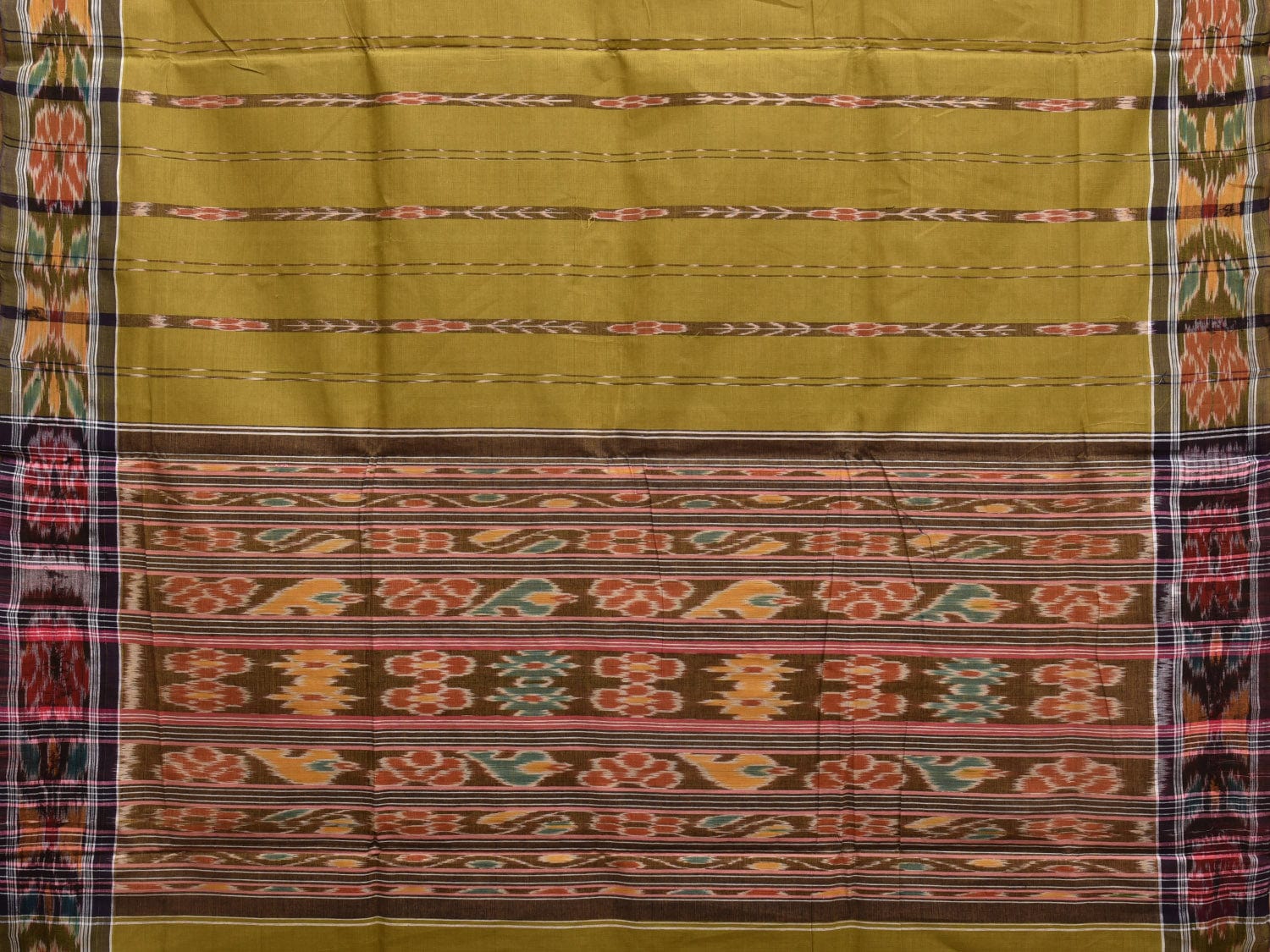 Olive Ikat Cotton Handloom Saree with Strips and Border Design i0863