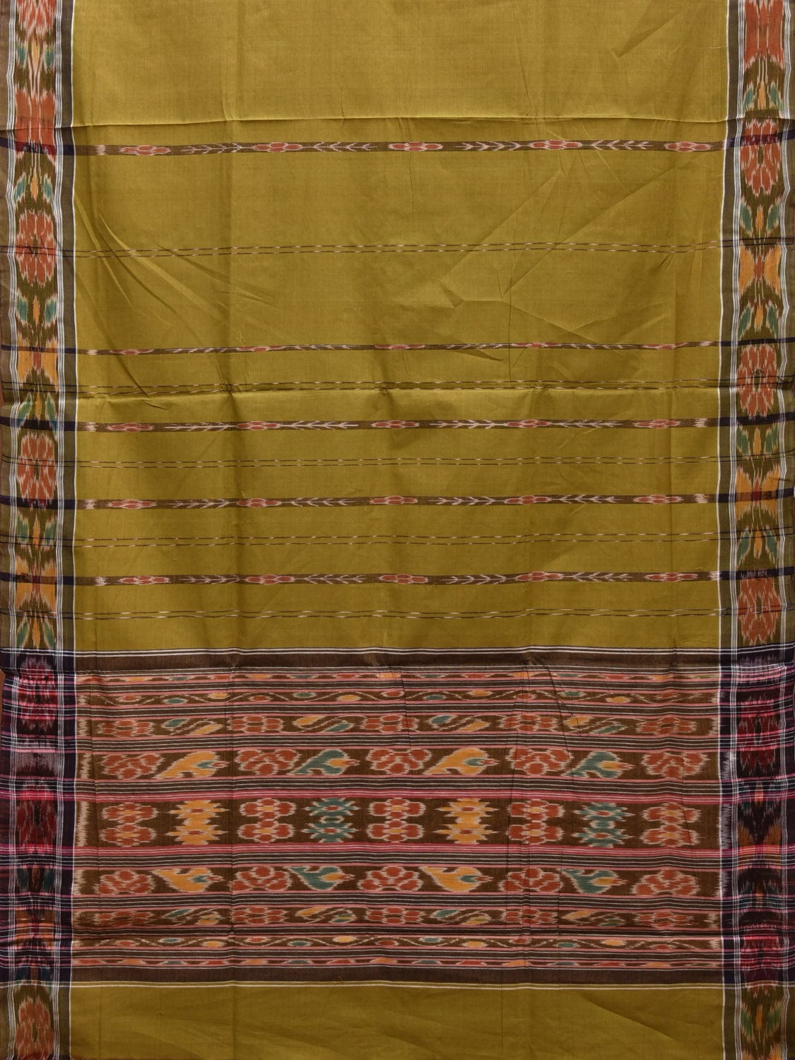 Olive Ikat Cotton Handloom Saree with Strips and Border Design i0863