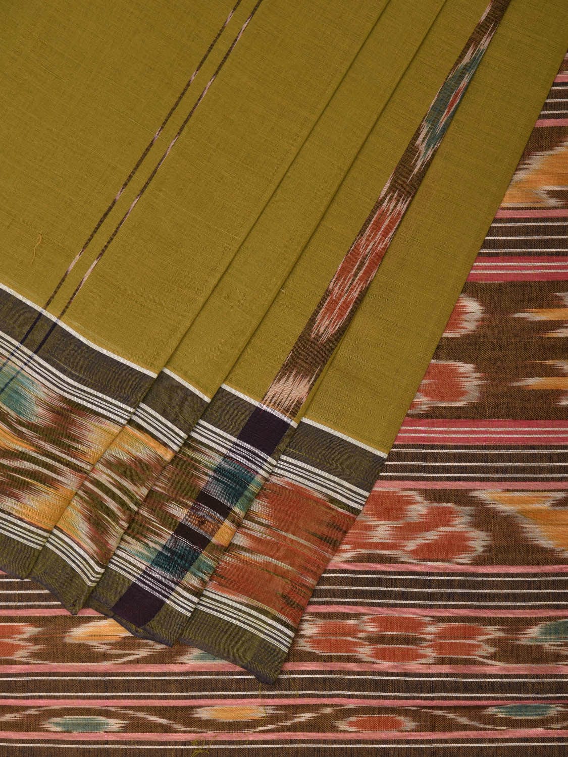 Olive Ikat Cotton Handloom Saree with Strips and Border Design i0863