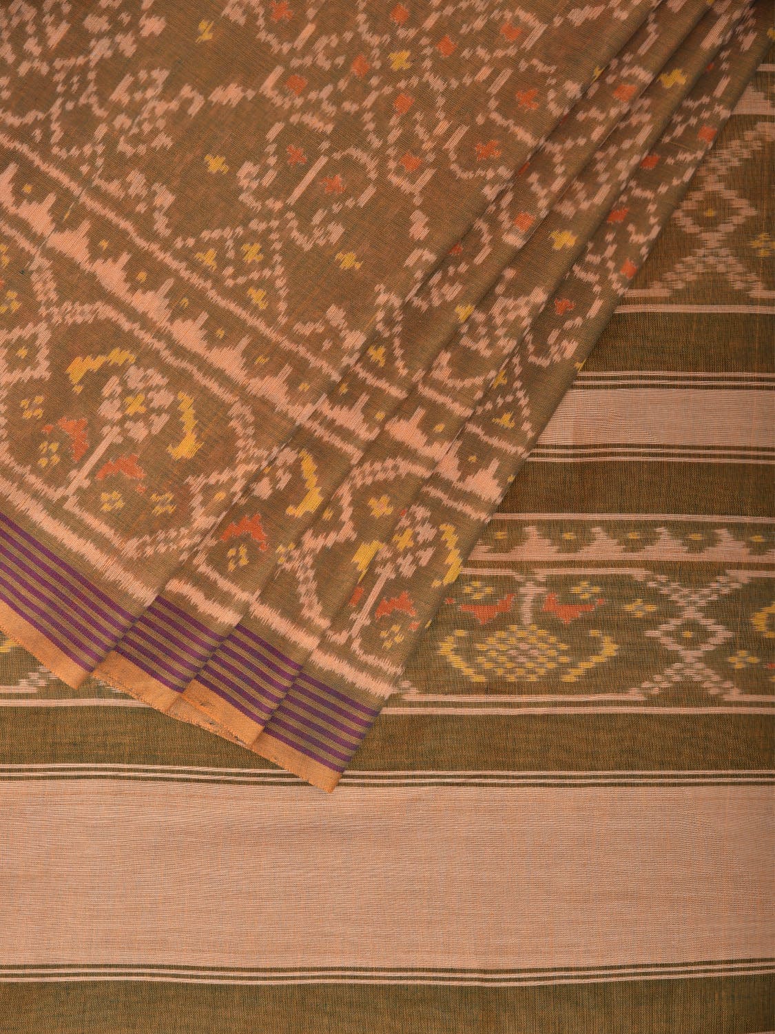 Olive Ikat Cotton Saree with All Over and Border Design i0915