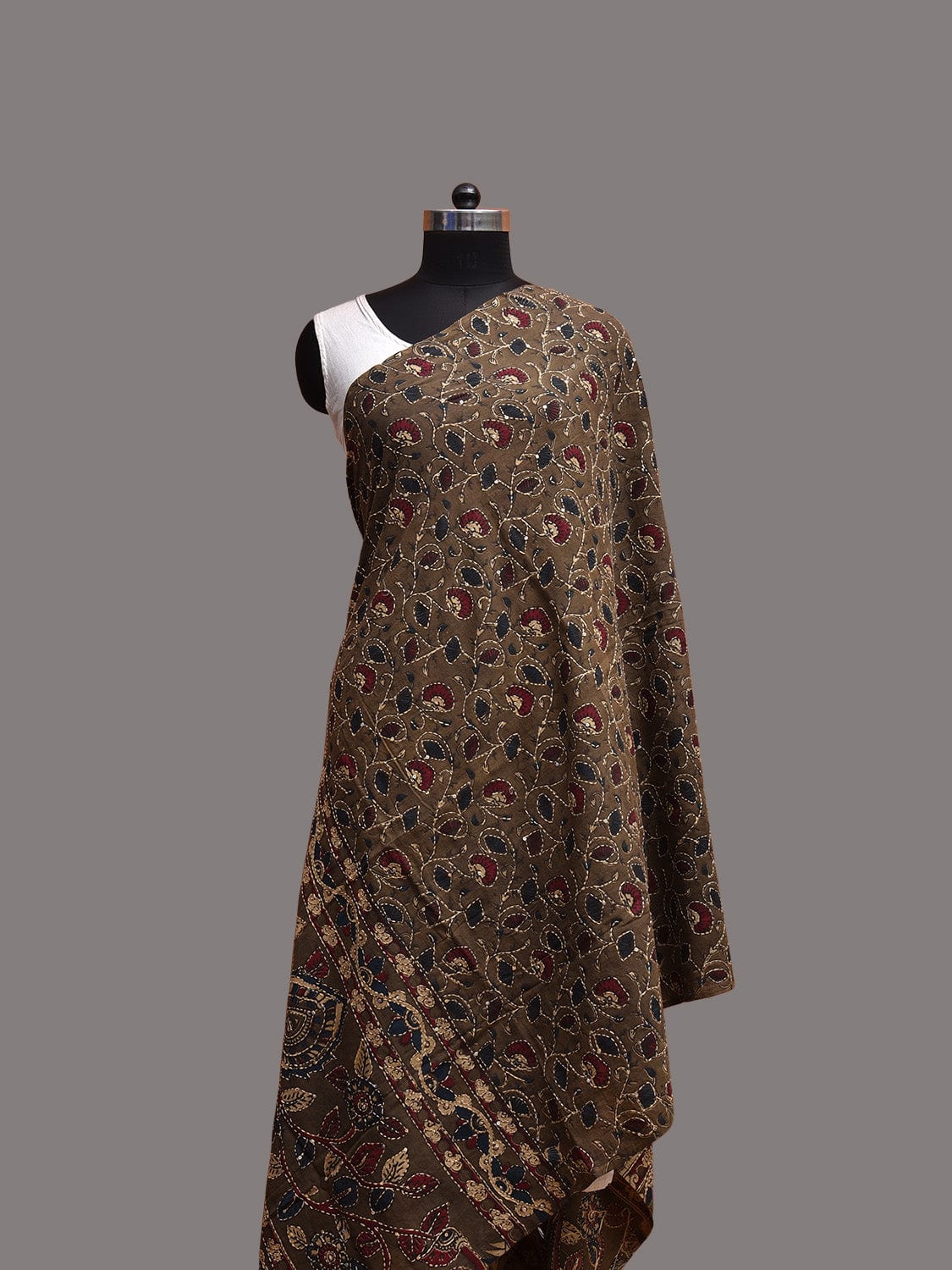 Olive Kalamkari Block Print Cotton Dupatta with Floral and Kantha Work Design ds3753