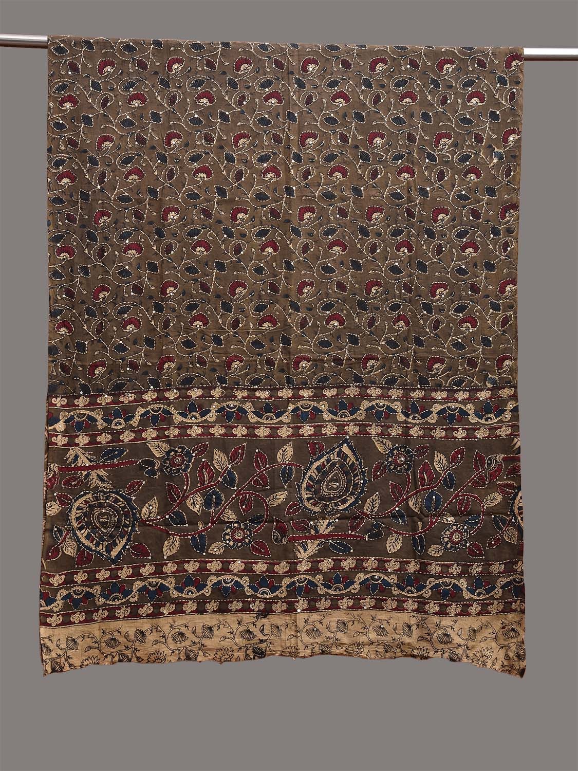 Olive Kalamkari Block Print Cotton Dupatta with Floral and Kantha Work Design ds3753