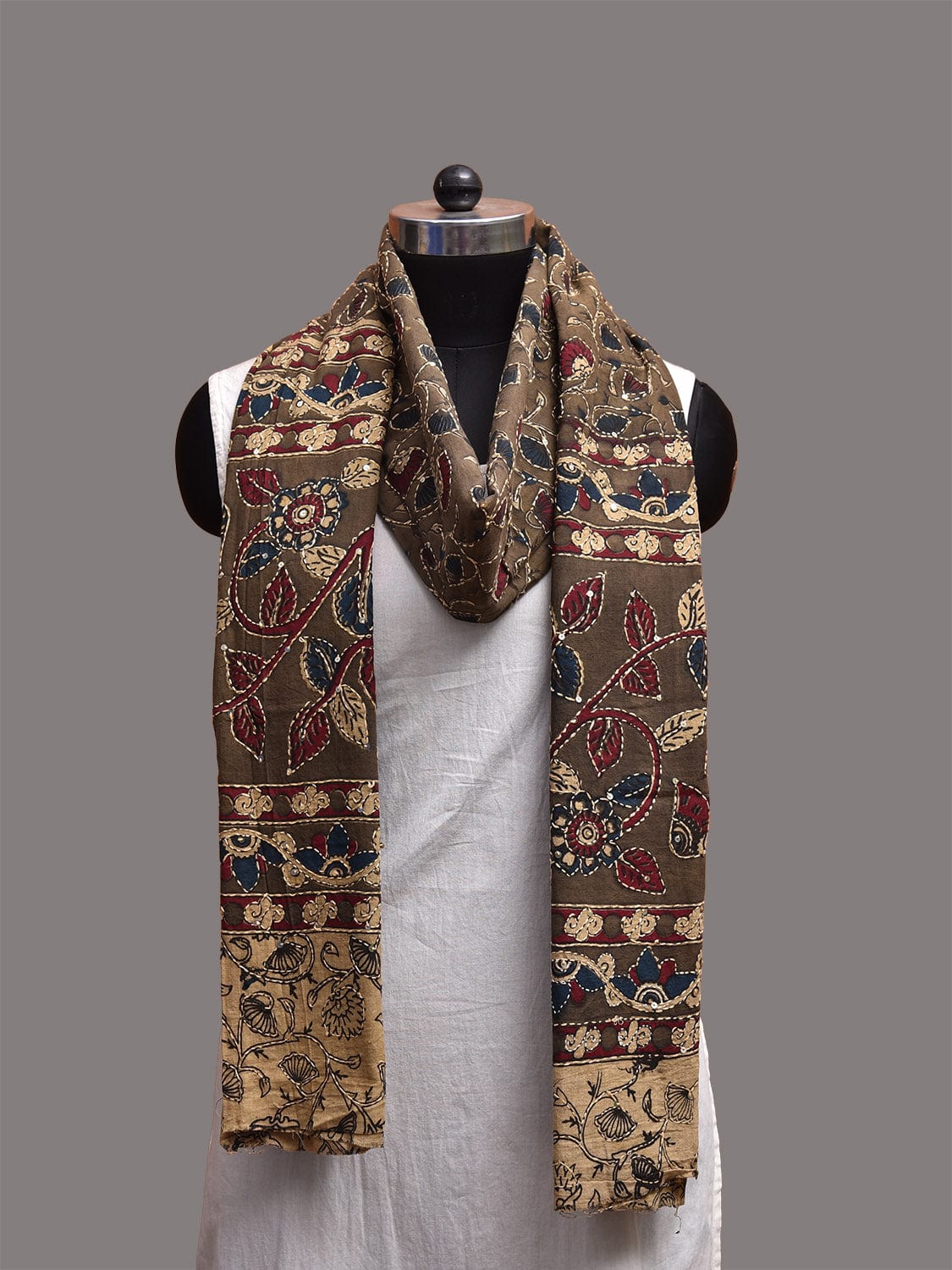 Olive Kalamkari Block Print Cotton Dupatta with Floral and Kantha Work Design ds3753
