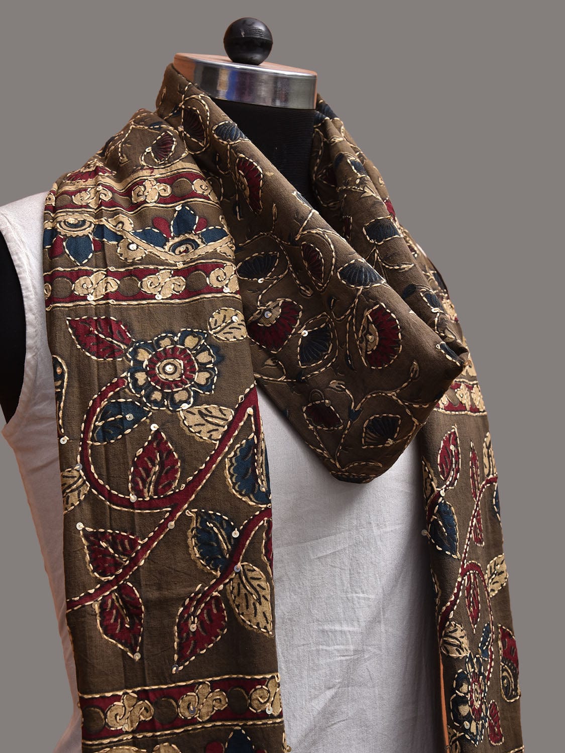 Olive Kalamkari Block Print Cotton Dupatta with Floral and Kantha Work Design ds3753