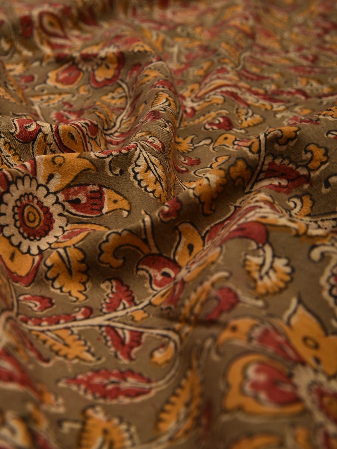 Olive Kalamkari Hand Block Printed Cotton Natural Dye 2.5mts Fabric with Flowers and Leaves Design f0200