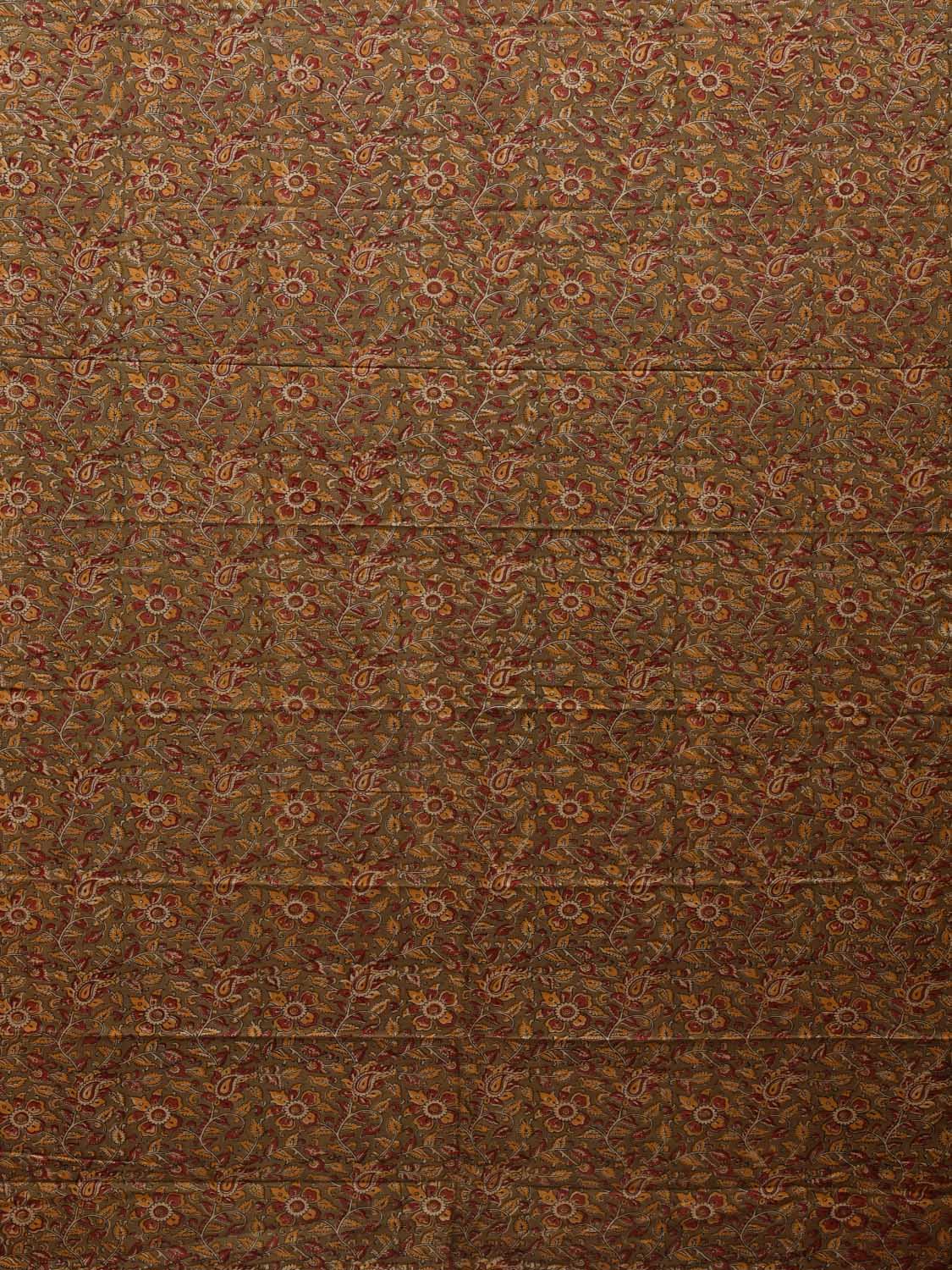 Olive Kalamkari Hand Block Printed Cotton Natural Dye 2.5mts Fabric with Flowers and Leaves Design f0200