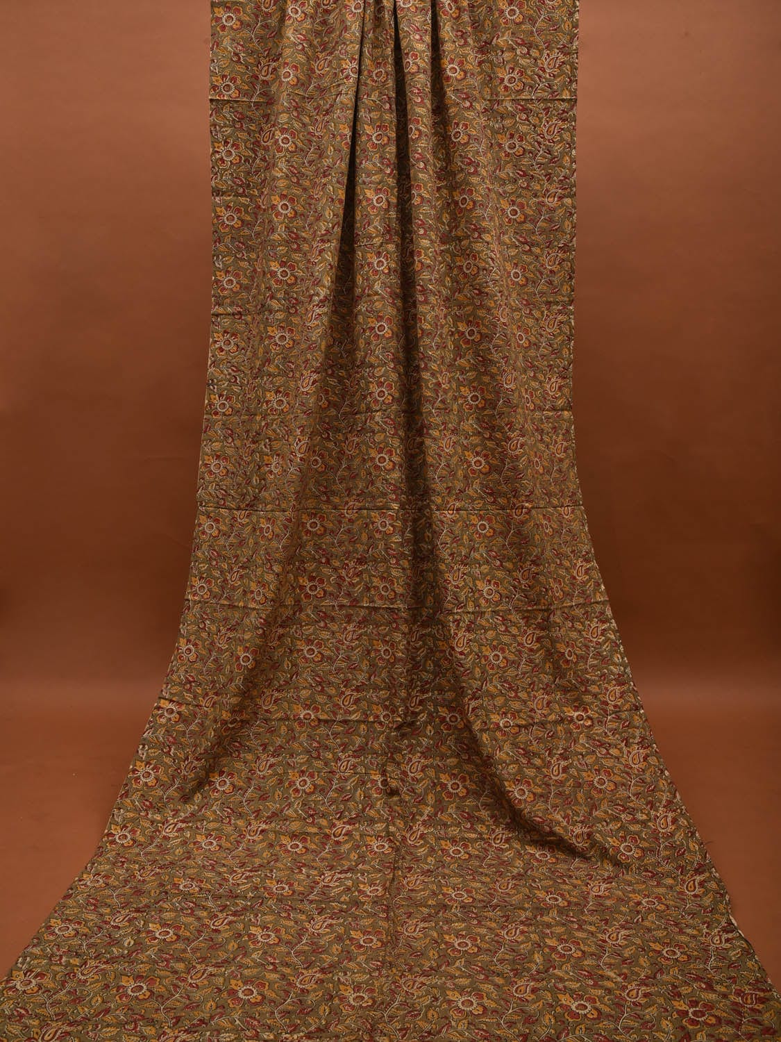 Olive Kalamkari Hand Block Printed Cotton Natural Dye 2.5mts Fabric with Flowers and Leaves Design f0200