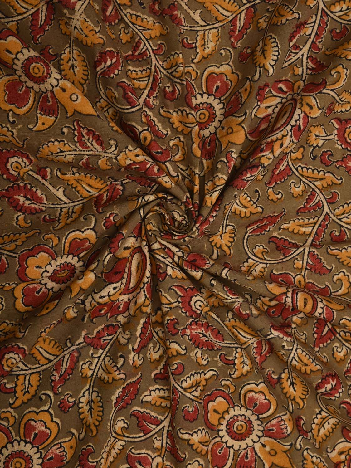 Olive Kalamkari Hand Block Printed Cotton Natural Dye 2.5mts Fabric with Flowers and Leaves Design f0200