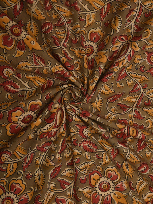 Olive Kalamkari Hand Block Printed Cotton Natural Dye 2.5mts Fabric with Flowers and Leaves Design f0200