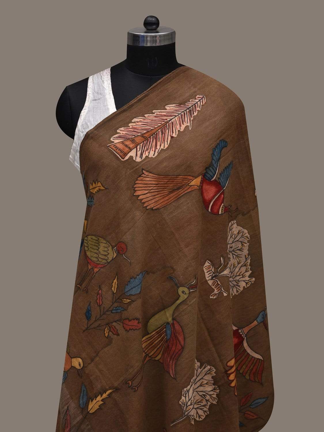 Olive Kalamkari Hand Painted Cotton Handloom Dupatta with Birds Design ds2553