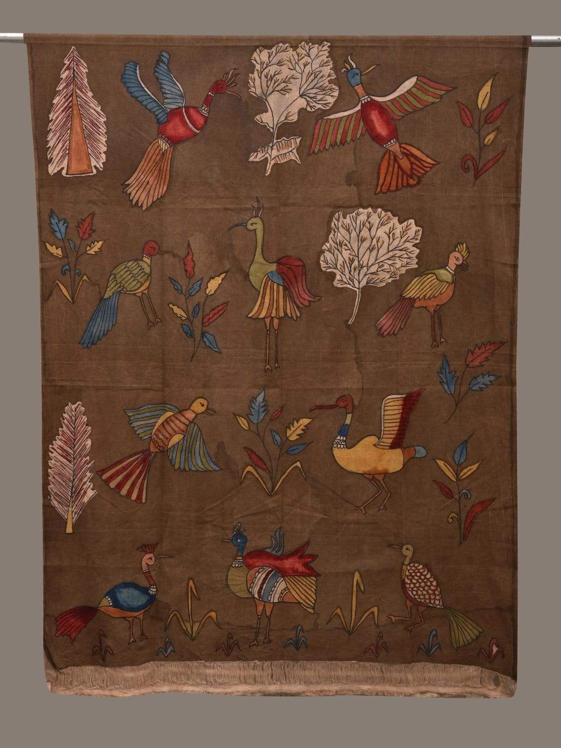 Olive Kalamkari Hand Painted Cotton Handloom Dupatta with Birds Design ds2553