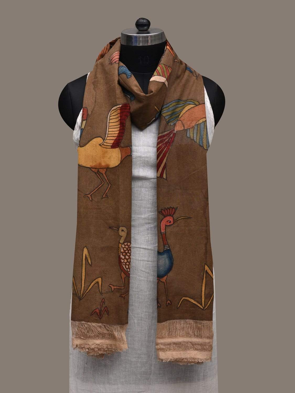 Olive Kalamkari Hand Painted Cotton Handloom Dupatta with Birds Design ds2553