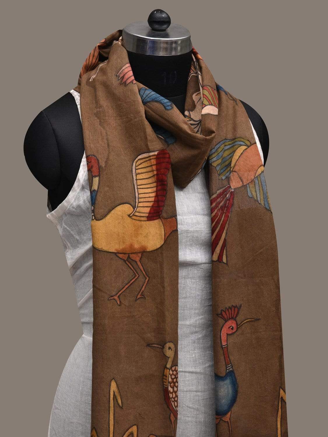 Olive Kalamkari Hand Painted Cotton Handloom Dupatta with Birds Design ds2553