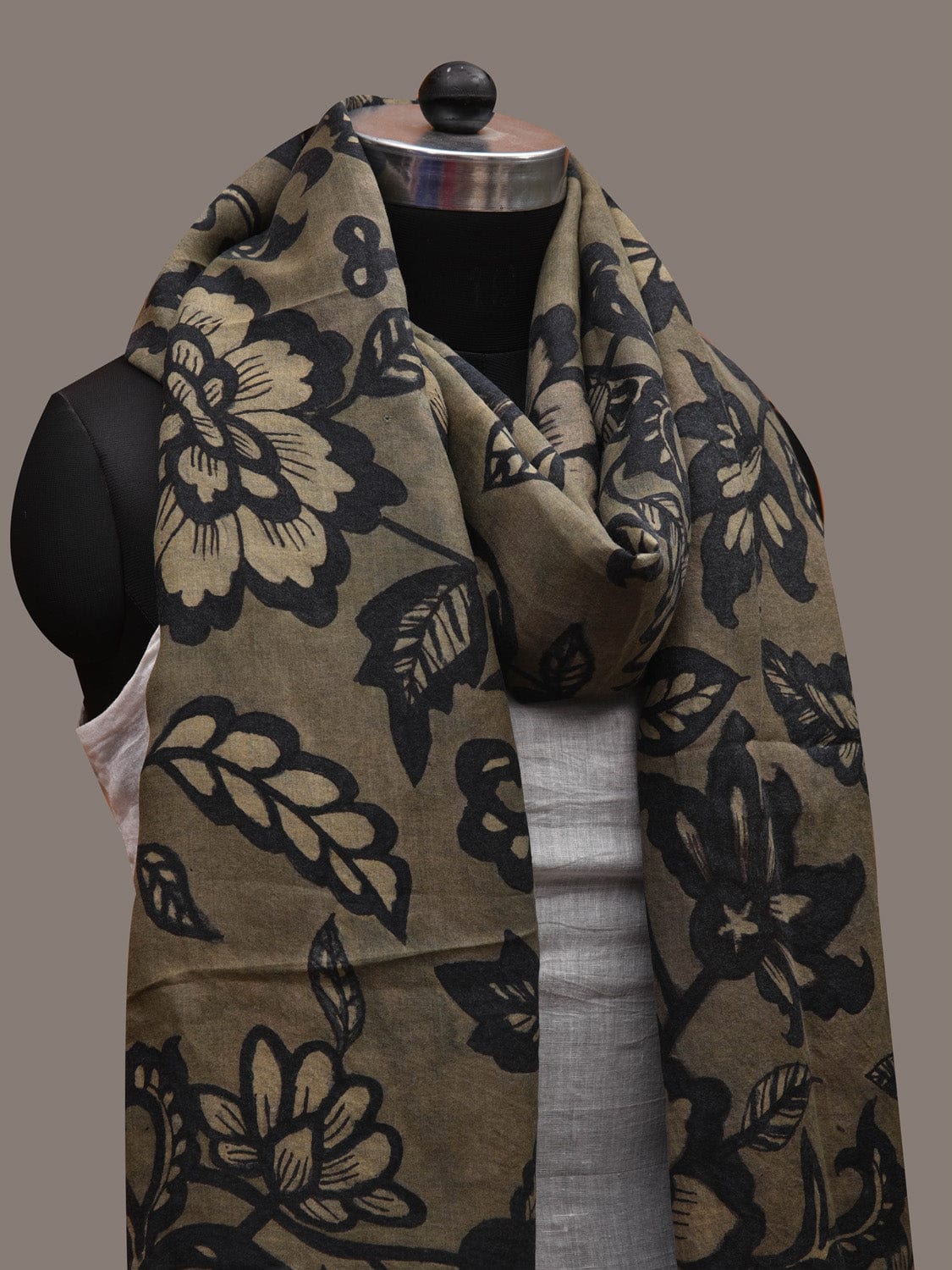 Olive Kalamkari Hand Painted Cotton Handloom Dupatta with Floral Design ds2724