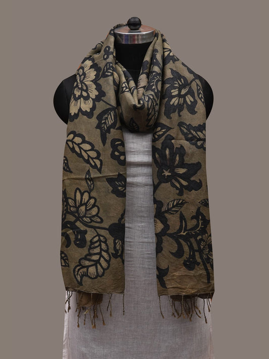 Olive Kalamkari Hand Painted Cotton Handloom Dupatta with Floral Design ds2724