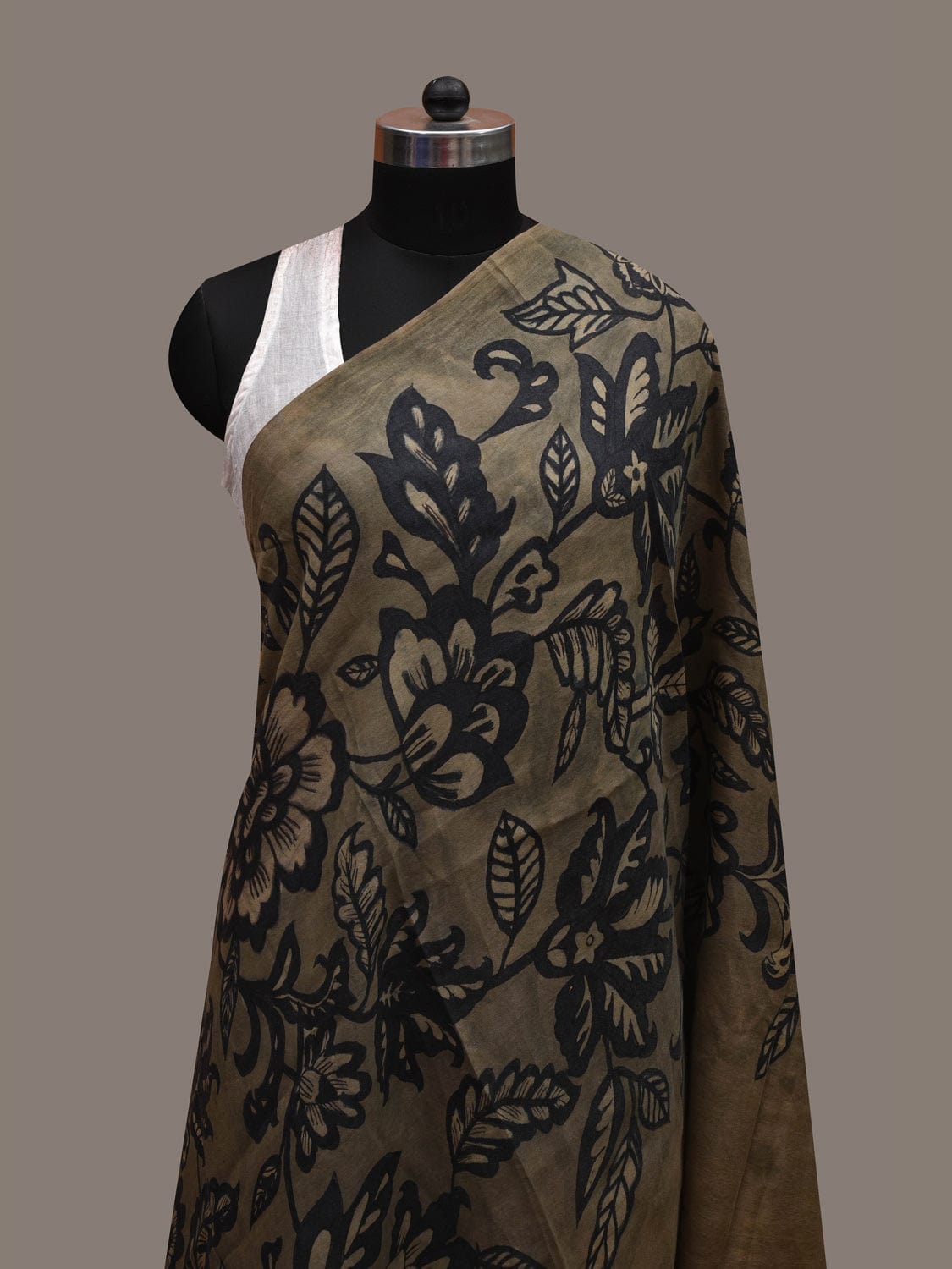 Olive Kalamkari Hand Painted Cotton Handloom Dupatta with Floral Design ds2724