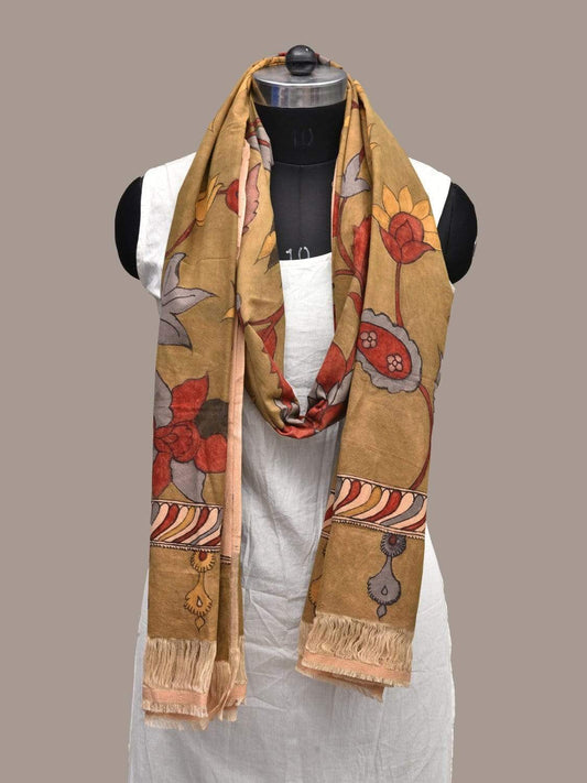Olive Kalamkari Hand Painted Cotton Handloom Dupatta with Flowers and Border Design ds2232