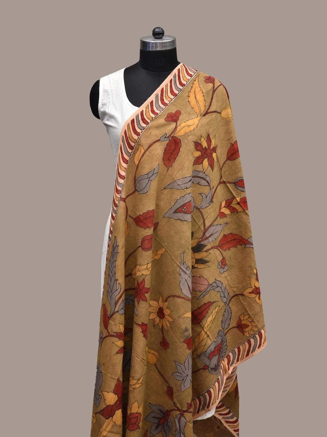 Olive Kalamkari Hand Painted Cotton Handloom Dupatta with Flowers and Border Design ds2232