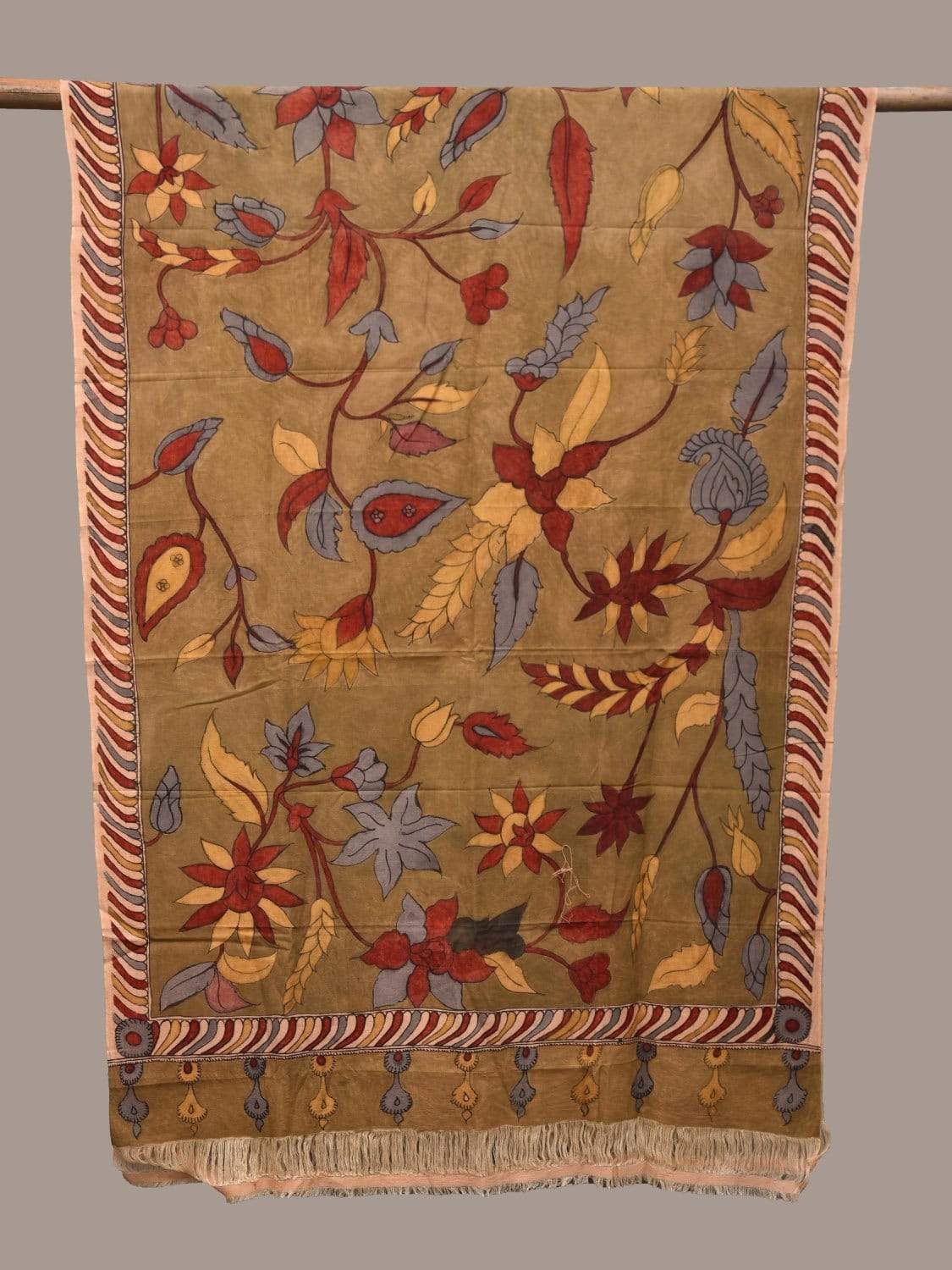 Olive Kalamkari Hand Painted Cotton Handloom Dupatta with Flowers and Border Design ds2232
