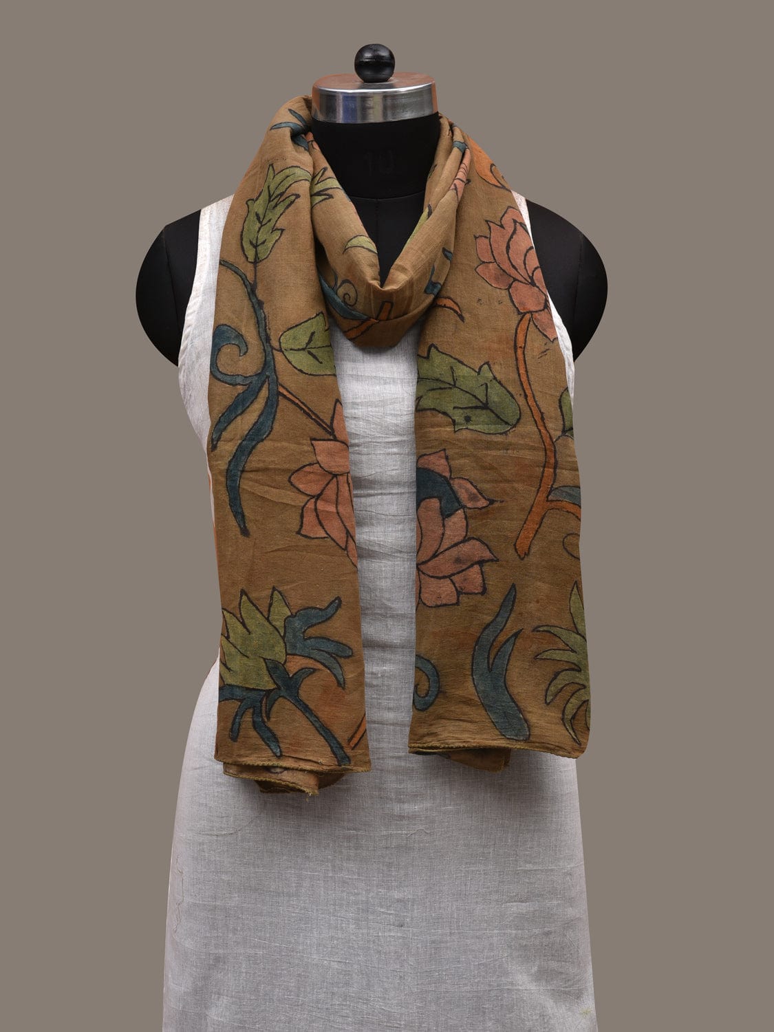 Olive Kalamkari Hand Painted Cotton Handloom Stole with Floral Design ds2812