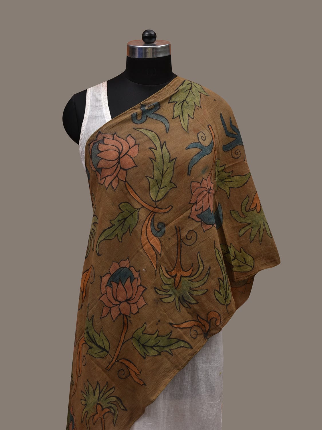 Olive Kalamkari Hand Painted Cotton Handloom Stole with Floral Design ds2812