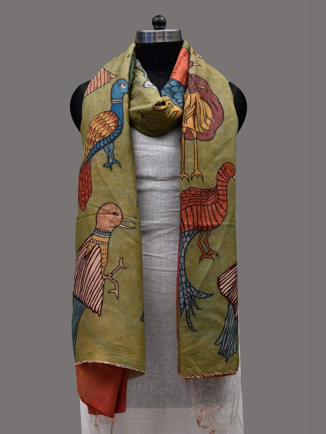 Olive Kalamkari Hand Painted Kanchipuram Silk Handloom Dupatta with Birds Design ds2401