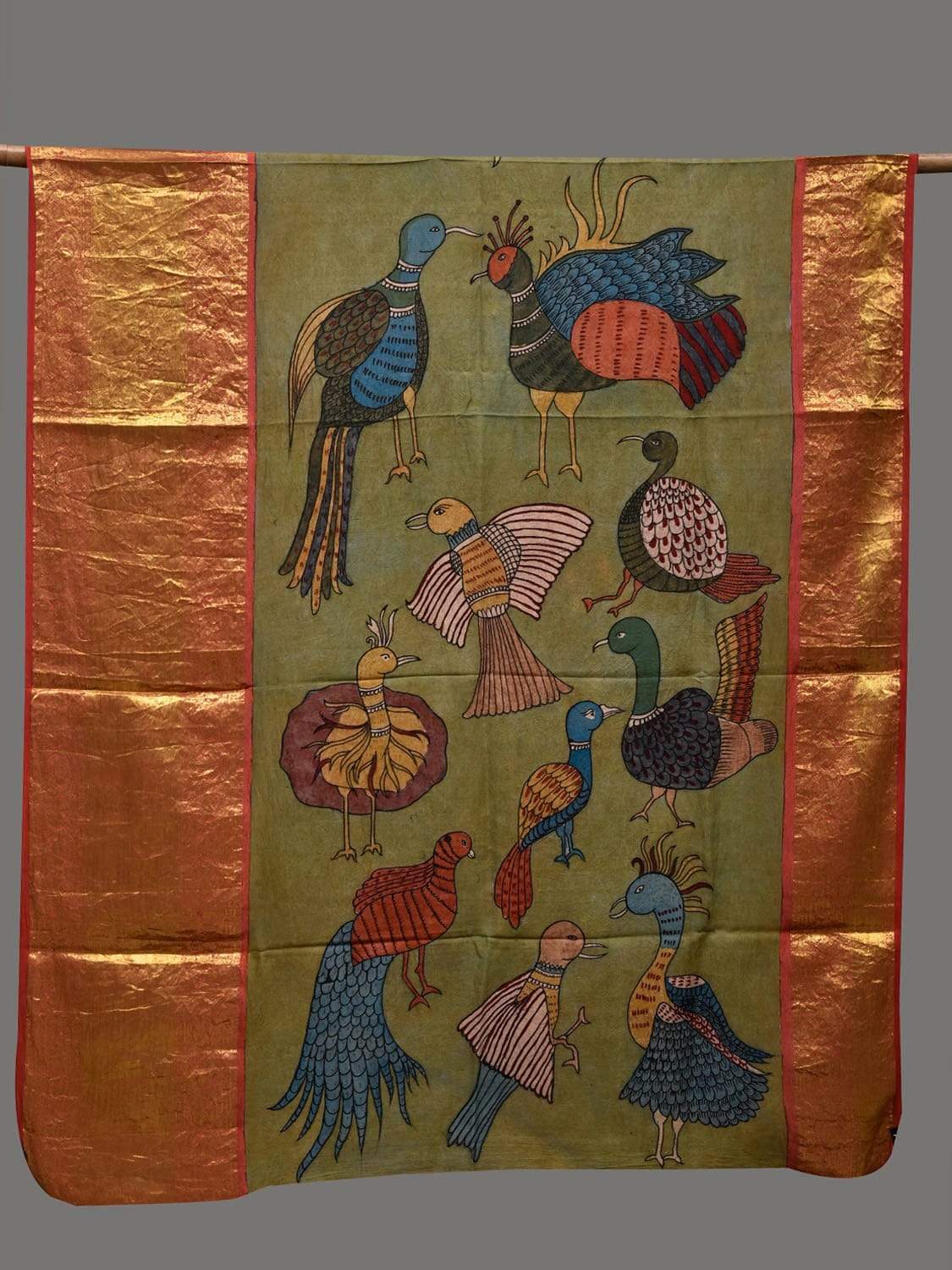 Olive Kalamkari Hand Painted Kanchipuram Silk Handloom Dupatta with Birds Design ds2401