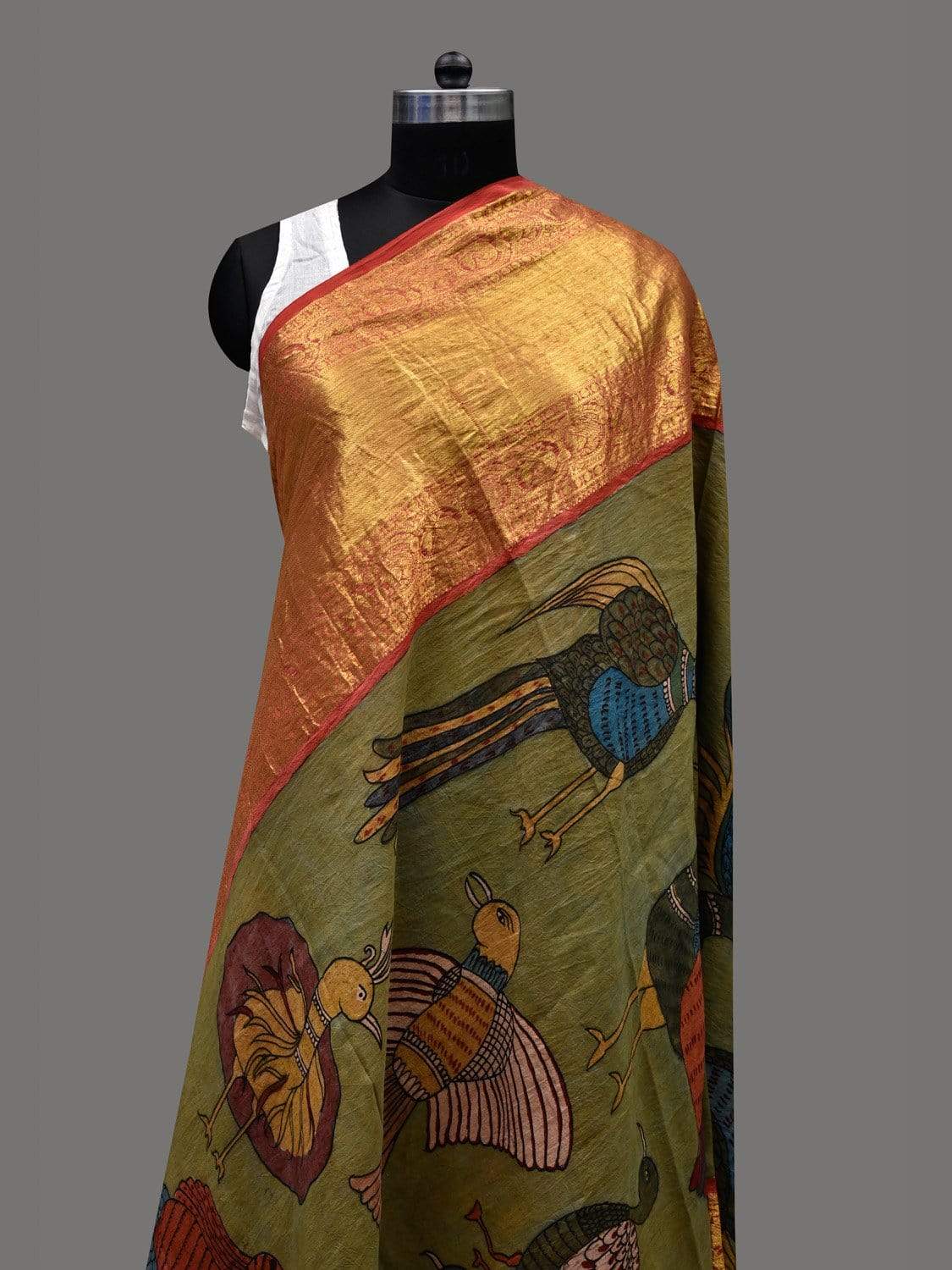 Olive Kalamkari Hand Painted Kanchipuram Silk Handloom Dupatta with Birds Design ds2401