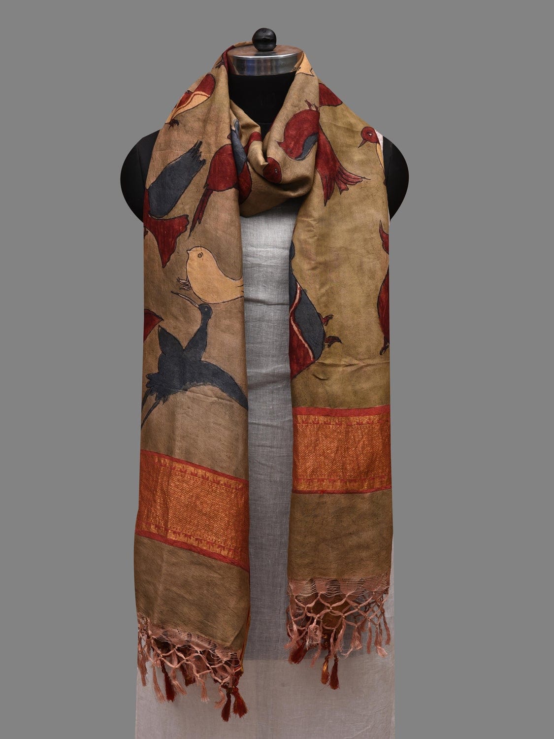 Olive Kalamkari Hand Painted Kanchipuram Silk Handloom Dupatta with Birds Design ds2621