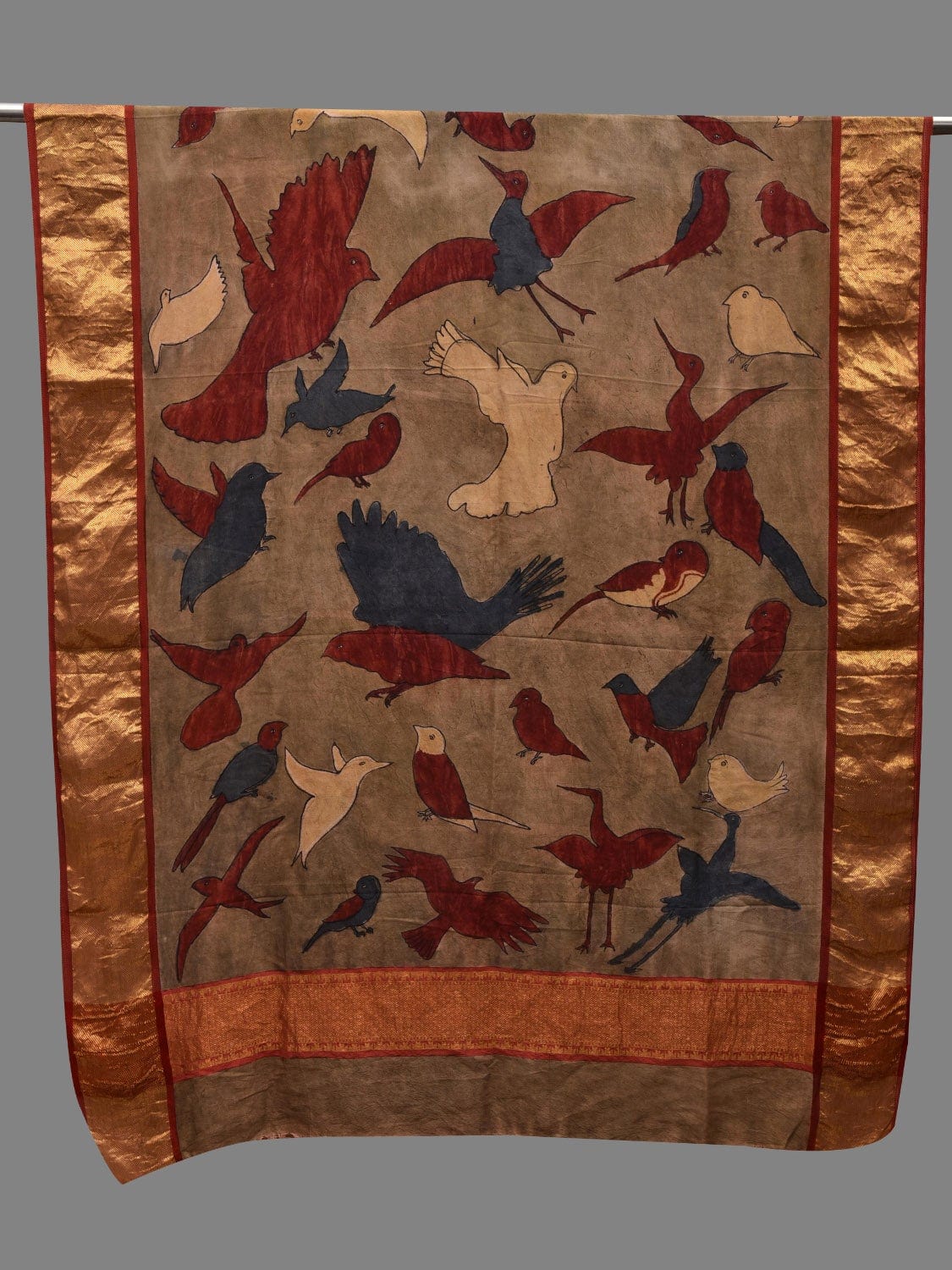 Olive Kalamkari Hand Painted Kanchipuram Silk Handloom Dupatta with Birds Design ds2621