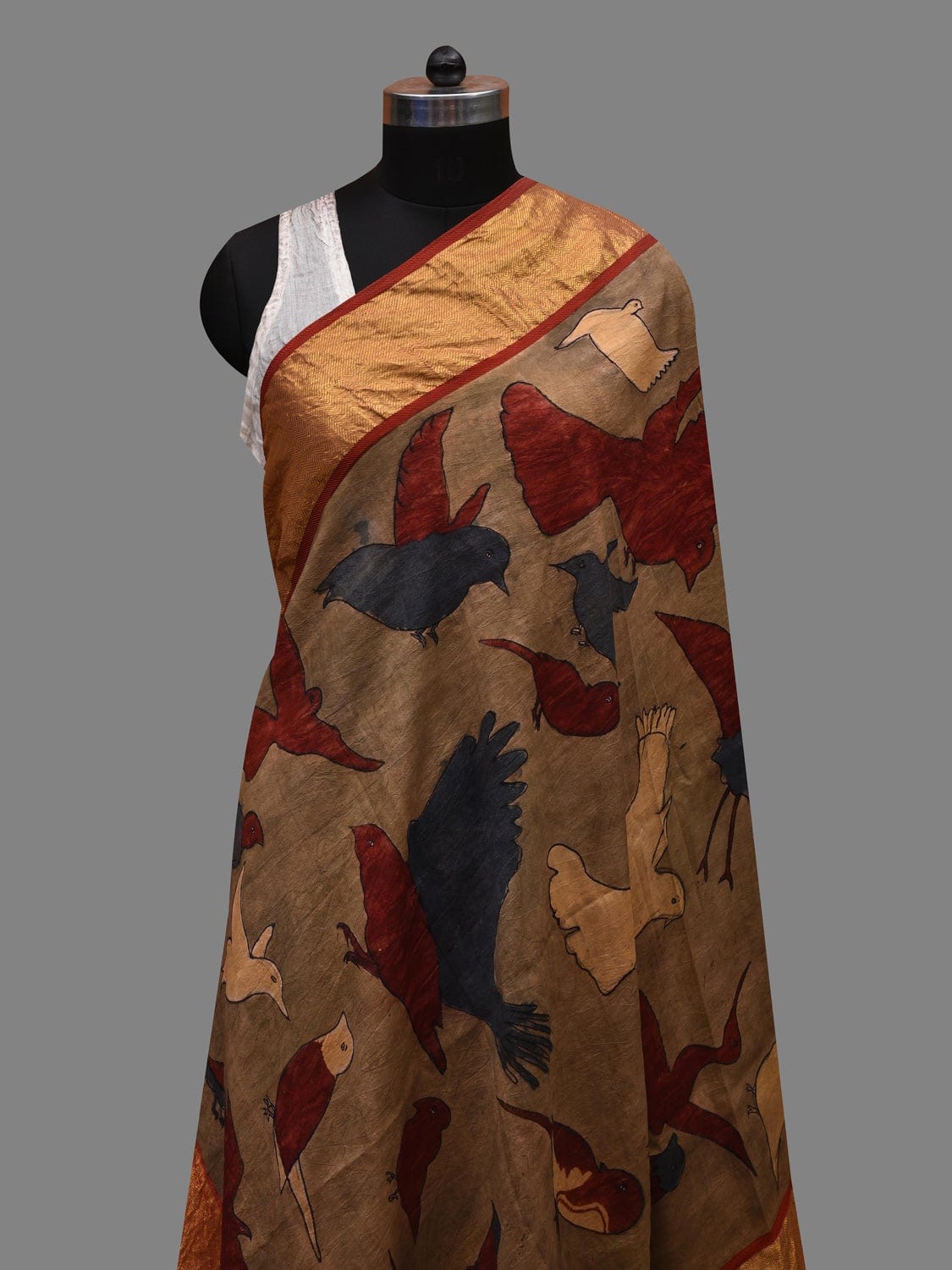 Olive Kalamkari Hand Painted Kanchipuram Silk Handloom Dupatta with Birds Design ds2621