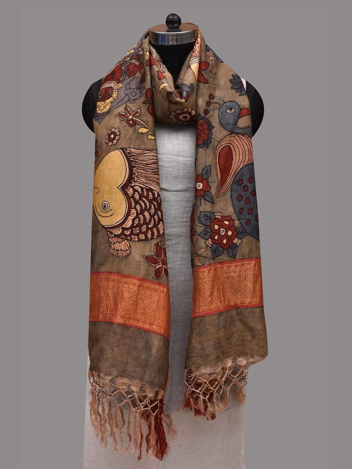 Olive Kalamkari Hand Painted Kanchipuram Silk Handloom Dupatta with Dashavatar Design ds2590