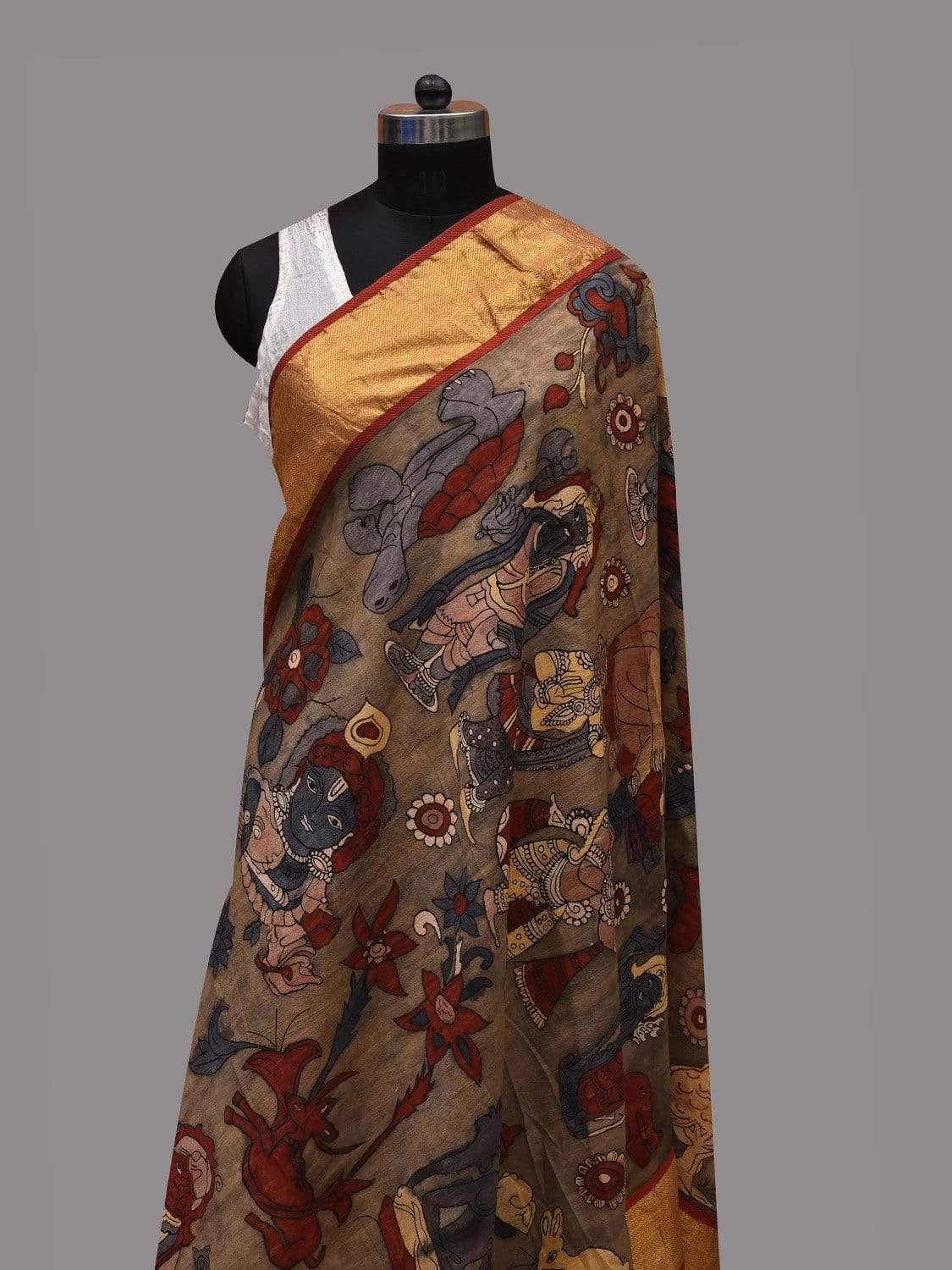 Olive Kalamkari Hand Painted Kanchipuram Silk Handloom Dupatta with Dashavatar Design ds2590