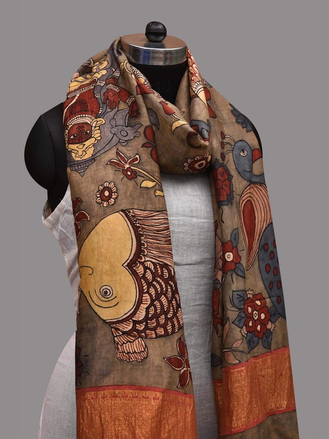 Olive Kalamkari Hand Painted Kanchipuram Silk Handloom Dupatta with Dashavatar Design ds2590