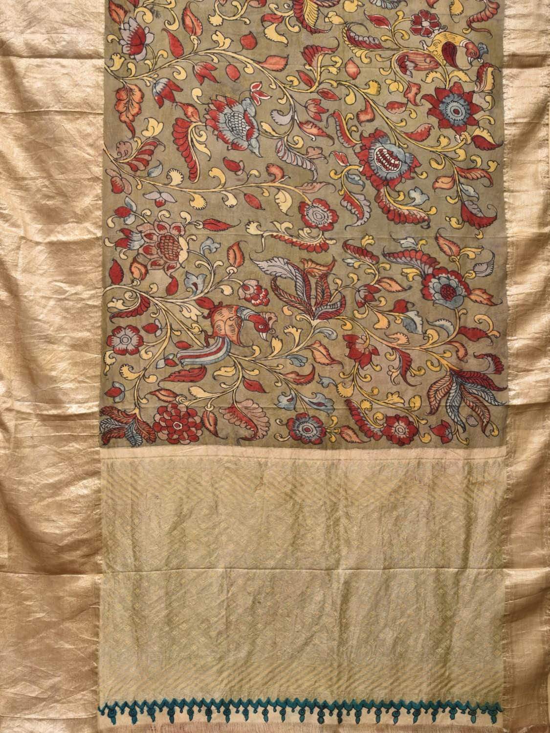 Olive Kalamkari Hand Painted Kanchipuram Silk Handloom Saree with Birds and Flowers Design KL0418