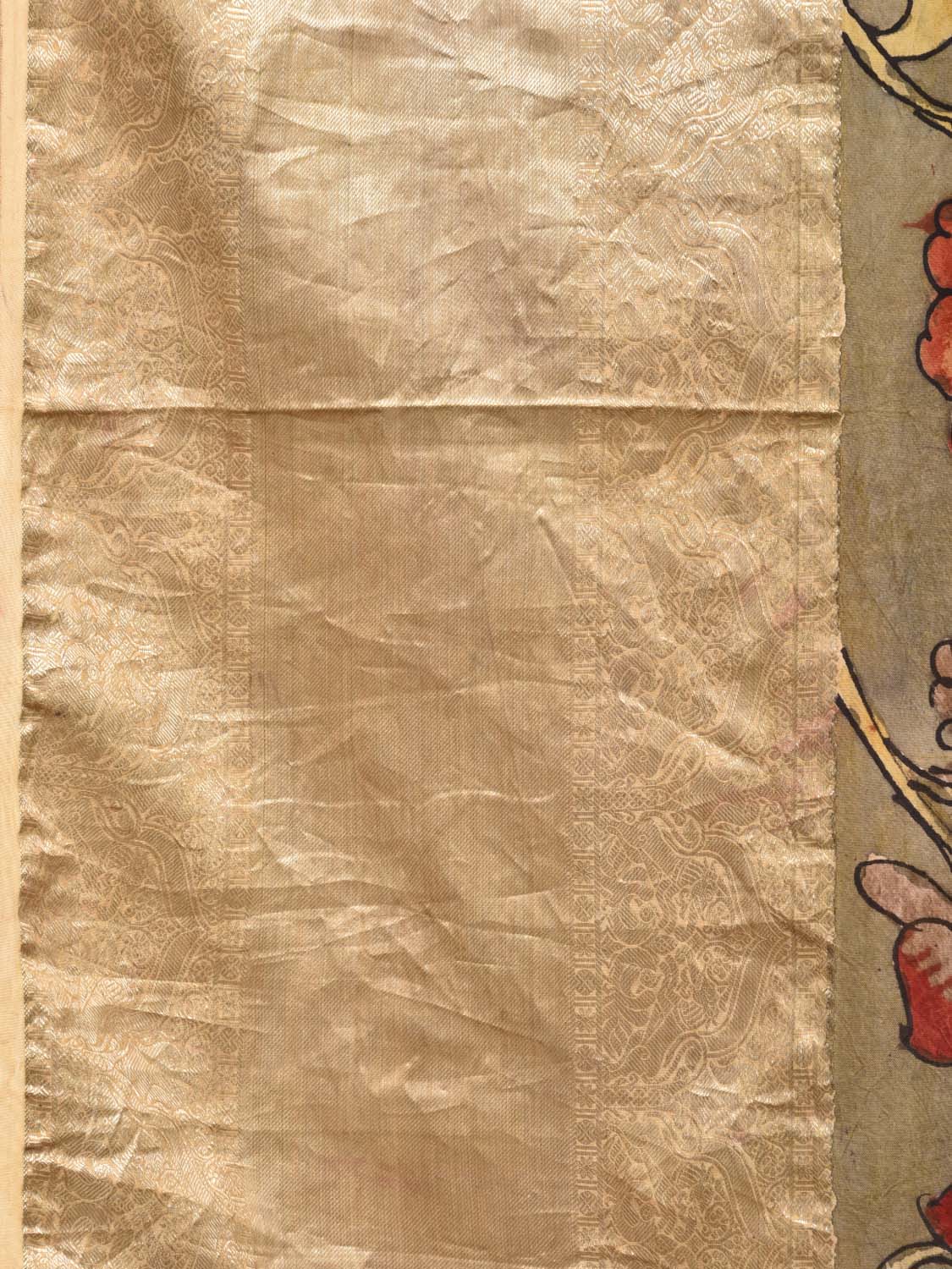 Olive Kalamkari Hand Painted Kanchipuram Silk Handloom Saree with Birds and Flowers Design KL0418