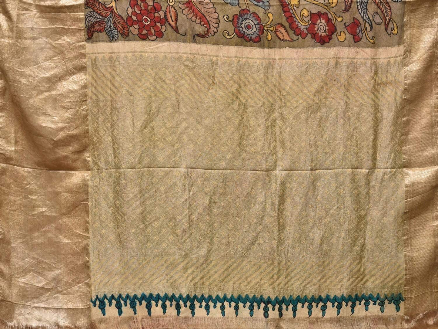 Olive Kalamkari Hand Painted Kanchipuram Silk Handloom Saree with Birds and Flowers Design KL0418