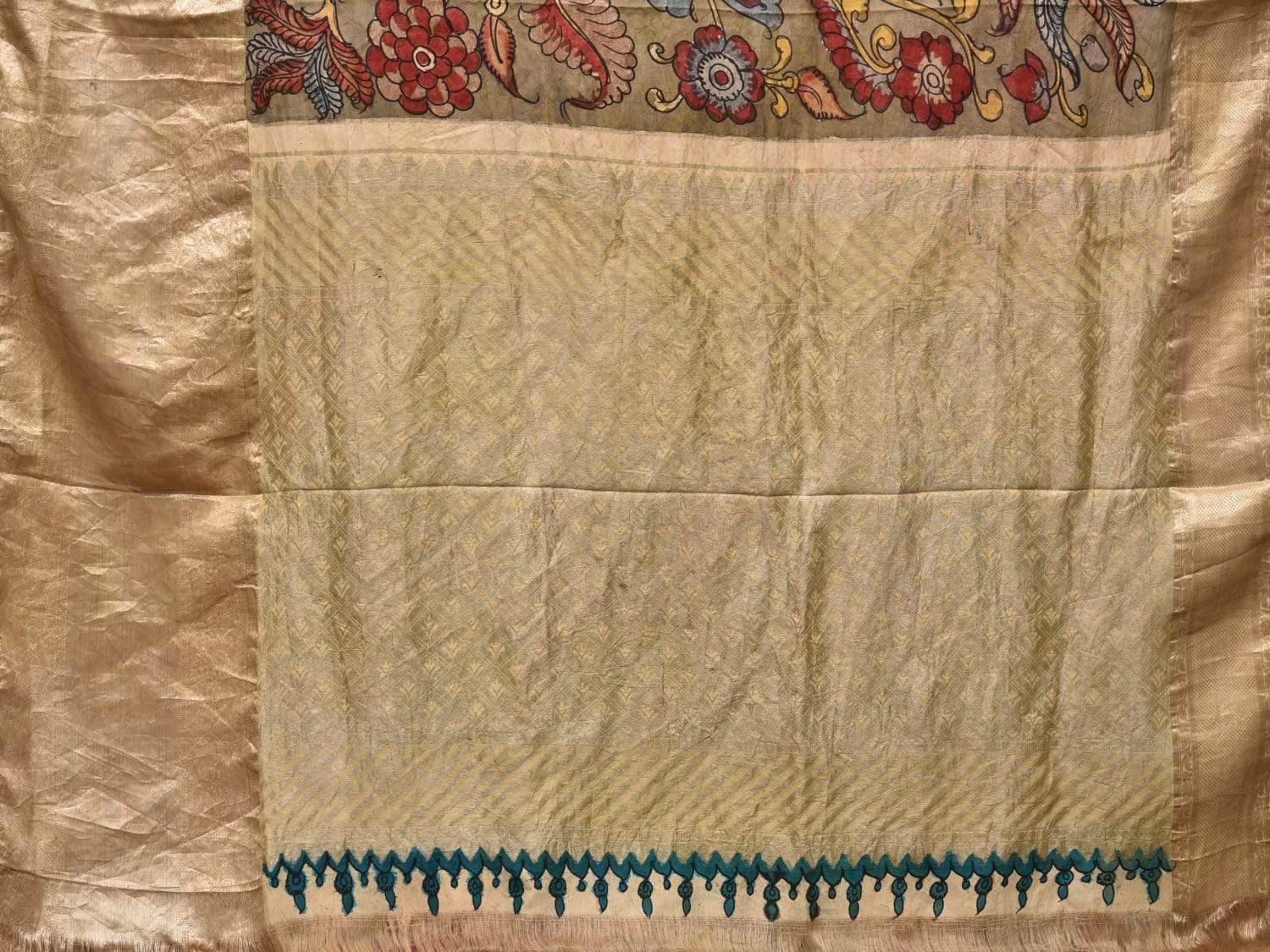 Olive Kalamkari Hand Painted Kanchipuram Silk Handloom Saree with Birds and Flowers Design KL0418