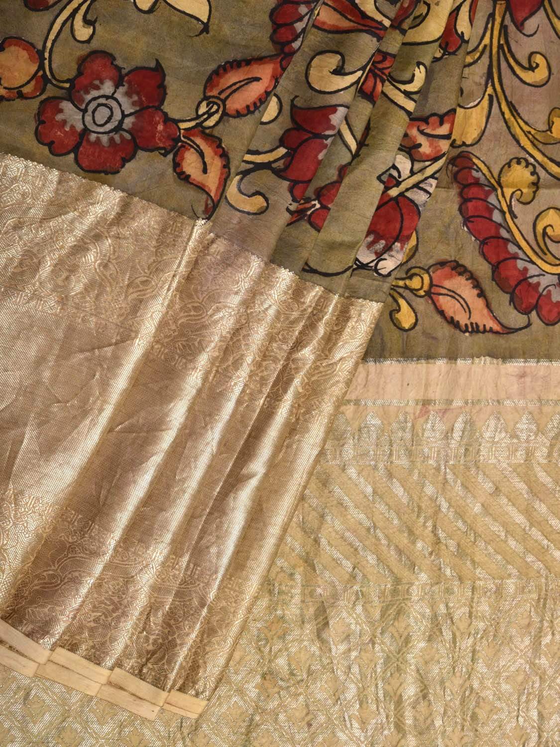 Olive Kalamkari Hand Painted Kanchipuram Silk Handloom Saree with Birds and Flowers Design KL0418