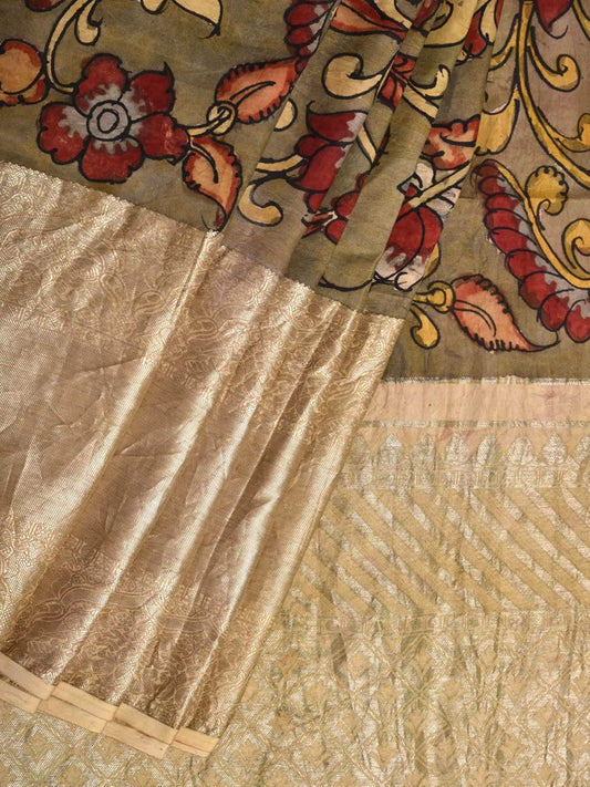 Olive Kalamkari Hand Painted Kanchipuram Silk Handloom Saree with Birds and Flowers Design KL0418